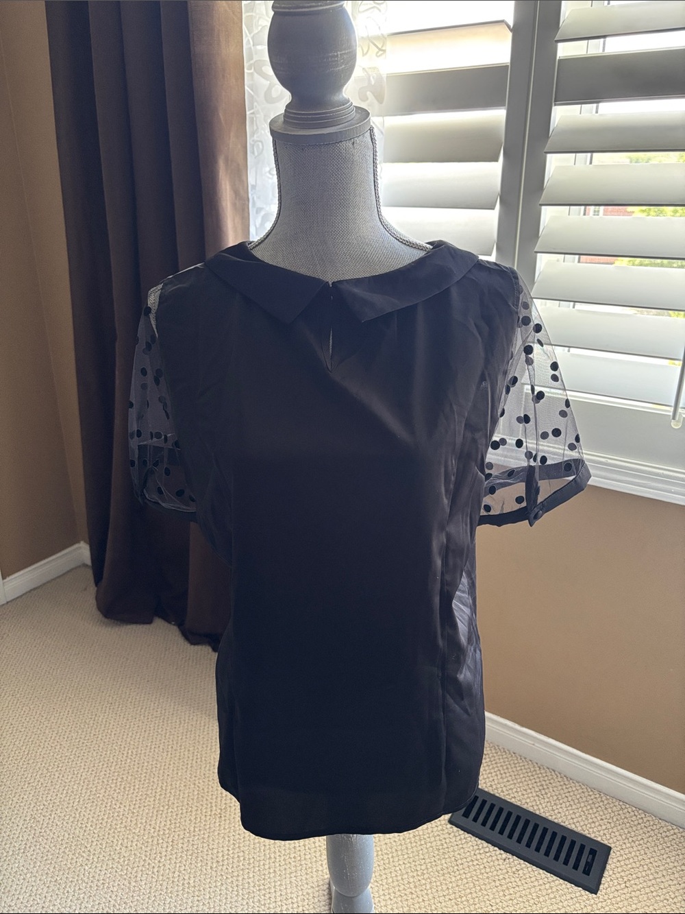 Allegra K Black Semi-Sheer Polka Dot Sleeve Blouse
